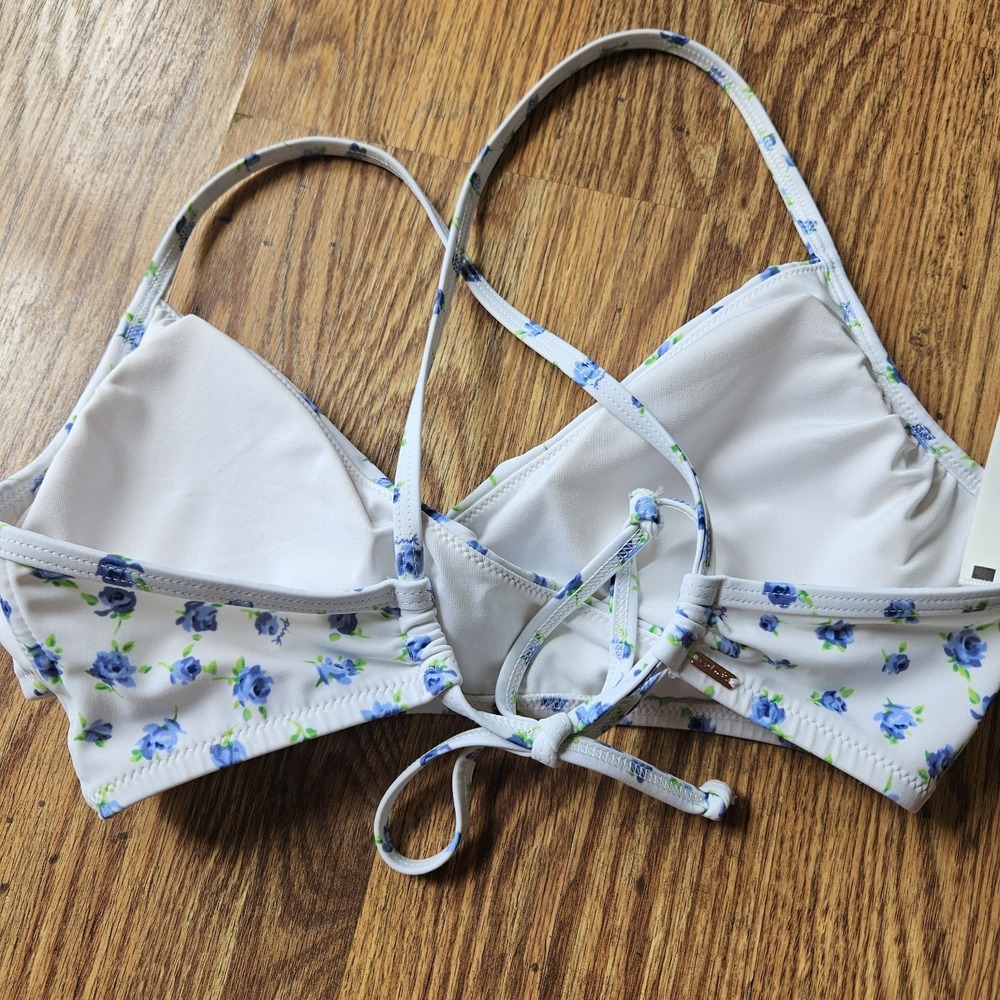 Victoria Secret Swim Bikini Top L Lined Cups Blue White Floral Halter Tie Back - Picture 5 of 6